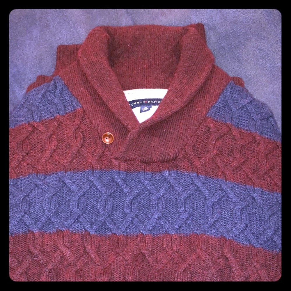 Tommy Hilfiger shawl collar ribbed sweater.